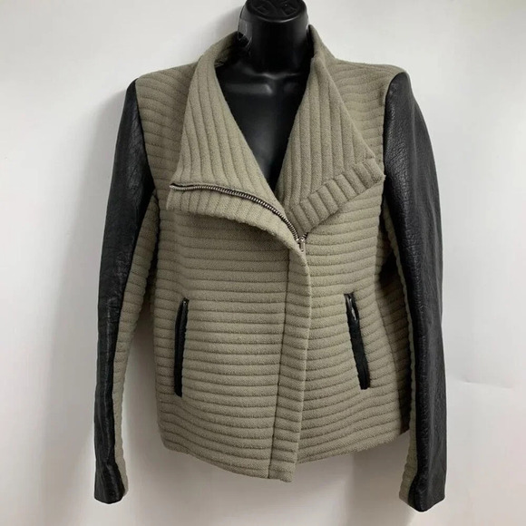 Iro Women's Mullen‎ Combo Rib Knit Leather Sleeve Moto Jacket Size 42/XL - Picture 2 of 13